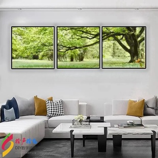 diy数字油画填色手绘客厅大画风景装饰画三联三拼三幅绿树成荫