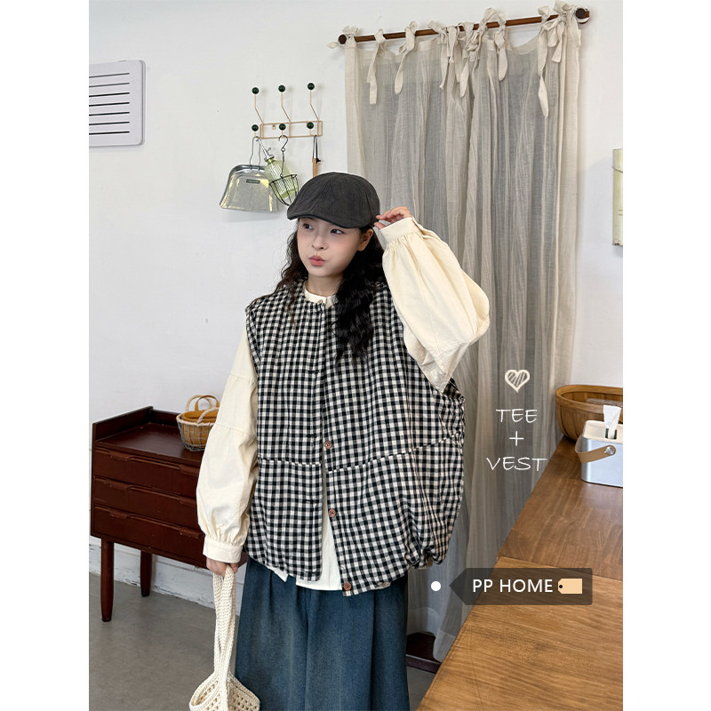 日本offcat宽松磨毛长袖衬衫日系复古夹棉格子马甲女秋冬牛仔裤三