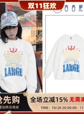 日本offcat美式高街复古爱心字母印花圆领卫衣女秋冬潮牌高级感宽