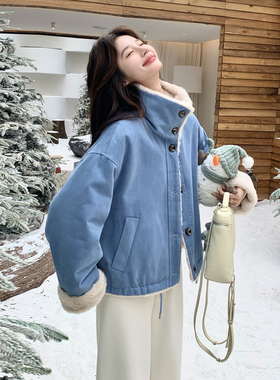 日本offcat蓝色皮毛一体棉服外套女2025冬季新款巨好看的小个子短