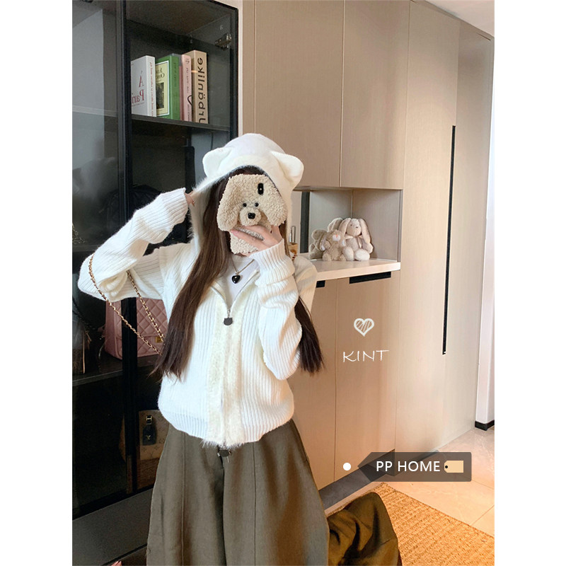 日本offcat可爱小熊拉链连帽毛衣外套女秋季毛毛拼接修身短款针织