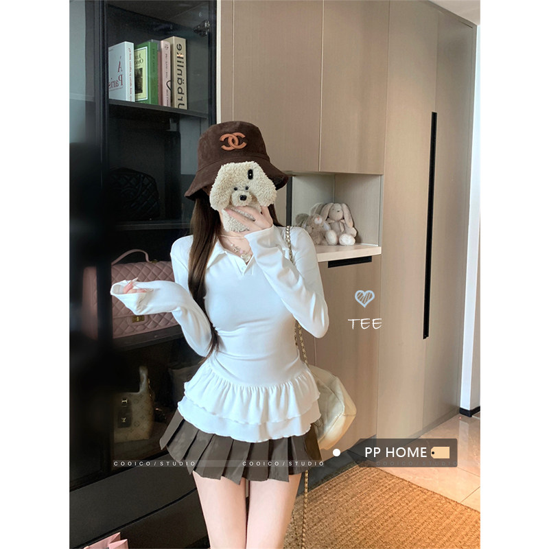 日本offcat白色polo领荷叶边长袖T恤女秋季内搭打底衫修身设计感