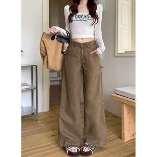 日本offcat小个子复古工装牛仔裤女秋季卡其色高腰直筒阔腿裤休闲