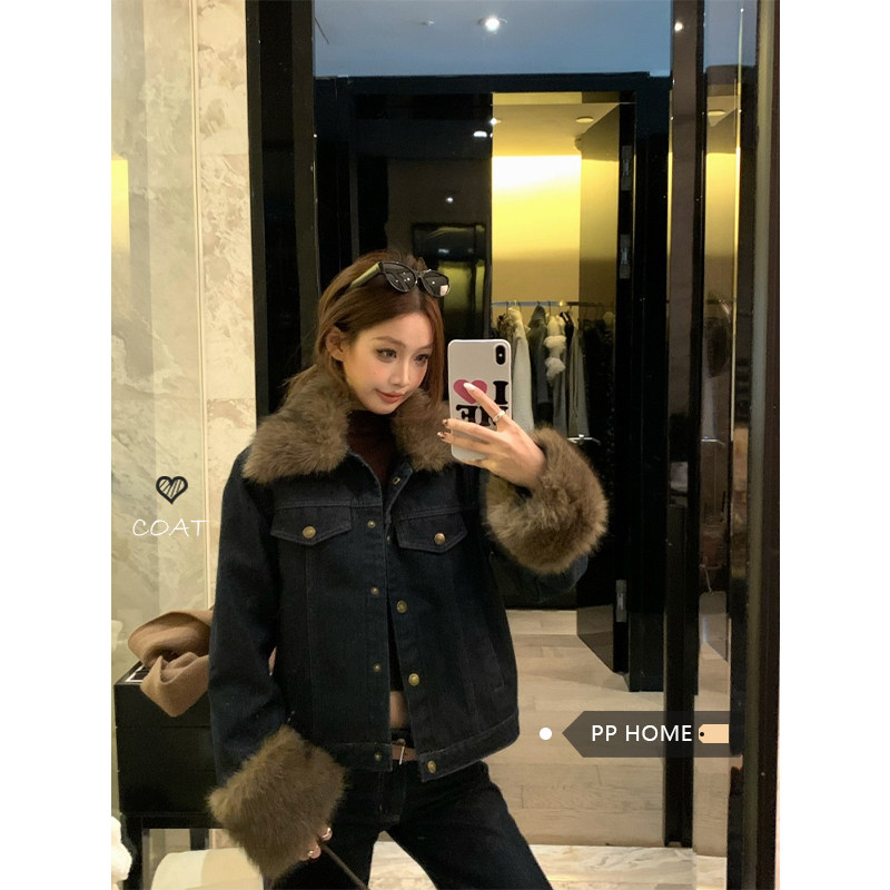 日本offcat复古毛毛领短款牛仔外套女秋冬加厚保暖高级感棉服夹克