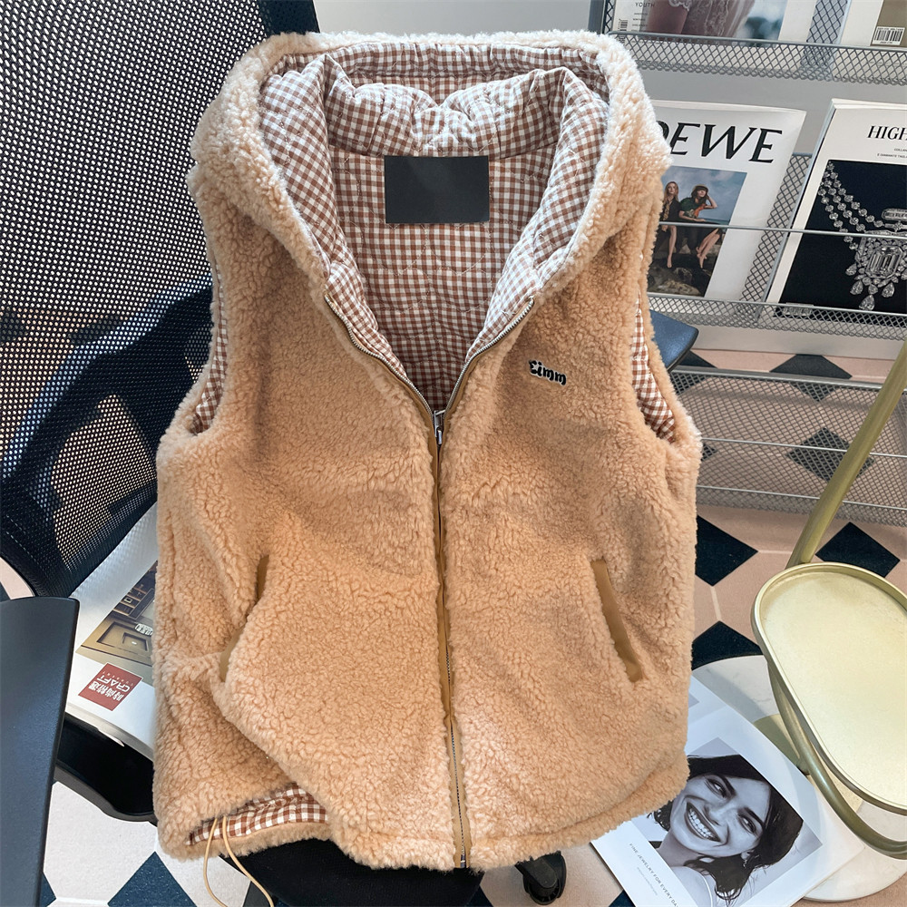 日本offcat美式复古熊耳朵羊羔毛棉服马甲女秋冬季叠穿坎肩无袖背