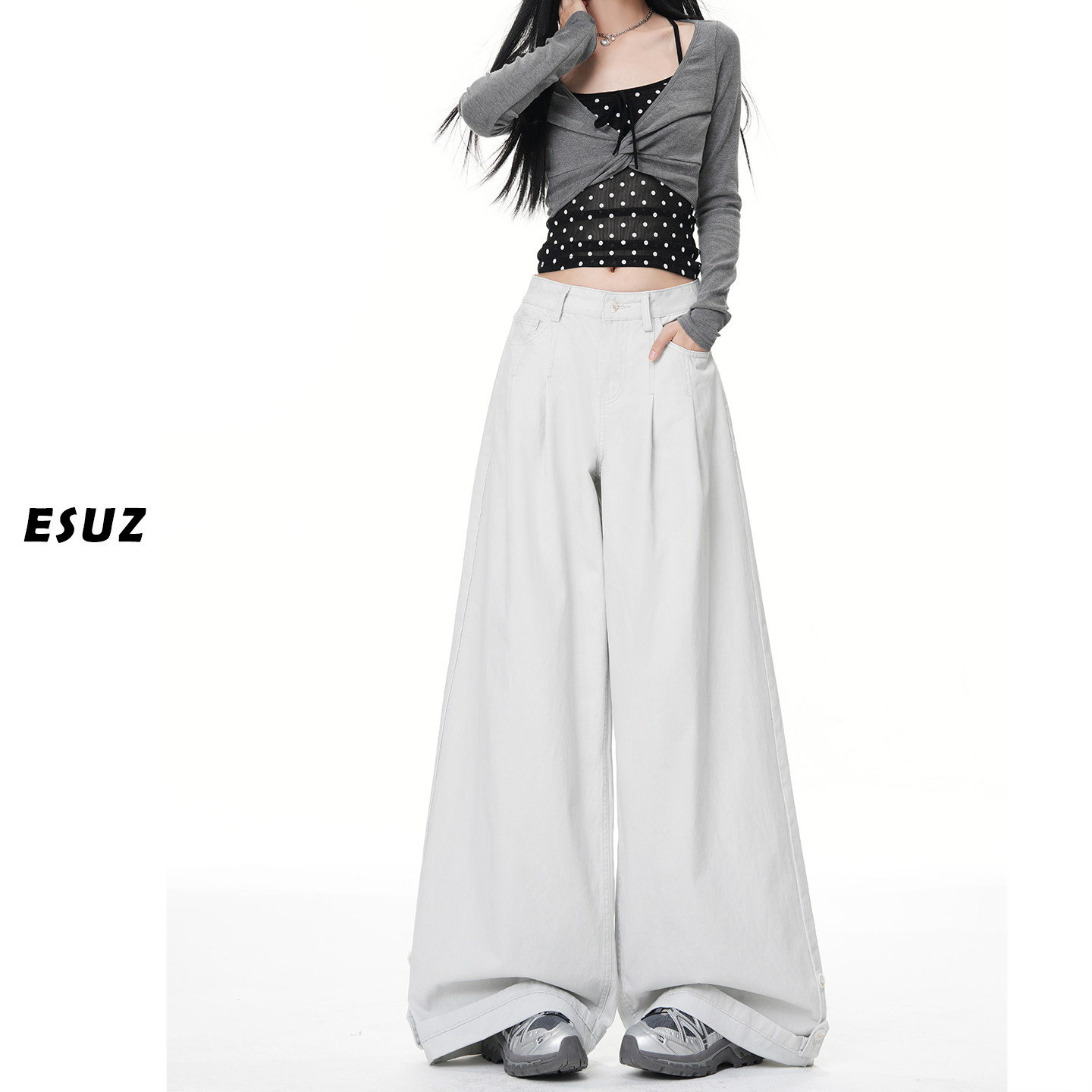 日本offcat高级垂感大阔腿牛仔裤女春季新款秋冬可调节美式褶皱休