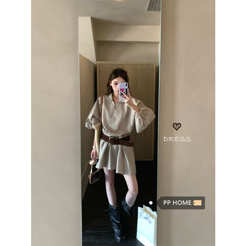 日本offcat高级感气质V领长袖衬衫连衣裙女秋季法式蝙蝠袖收腰A字