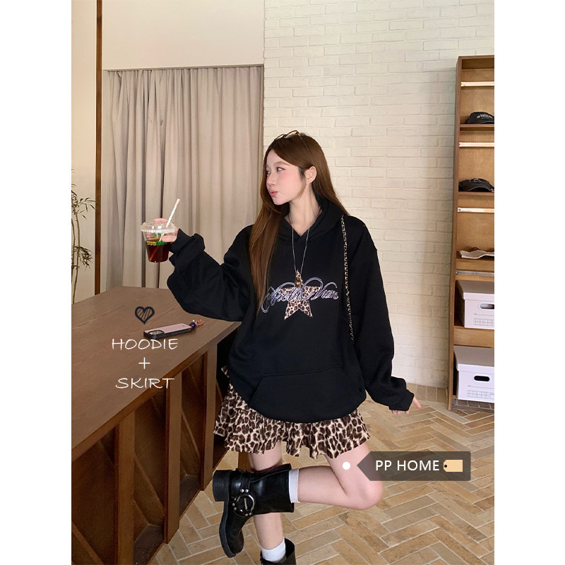 日本offcat美式贴布豹纹星星刺绣连帽卫衣女秋季黑色宽松慵懒套头