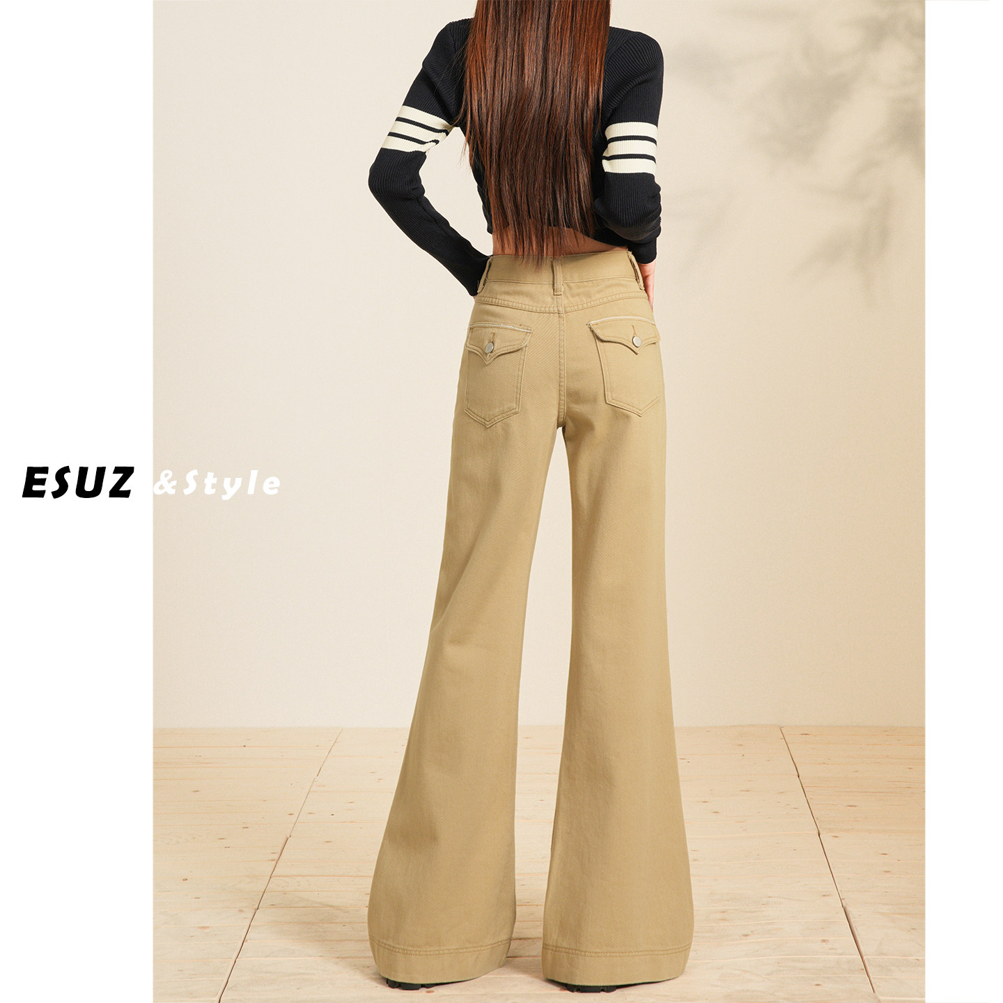 日本offcat高级感卡其色微喇牛仔裤女不贴腿秋冬款美式设计感阔腿