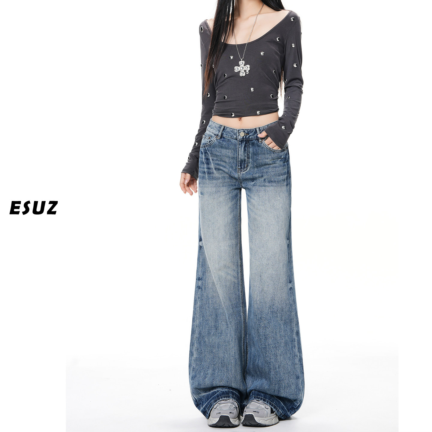 日本offcat美式复古阔腿牛仔裤女春季新款设计感水洗折痕宽松低腰