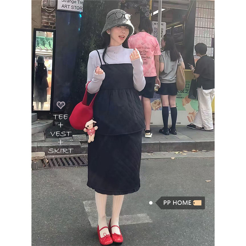 日本offcat韩系ins夹棉吊带马甲女秋冬甜美风套装木耳边半身裙两