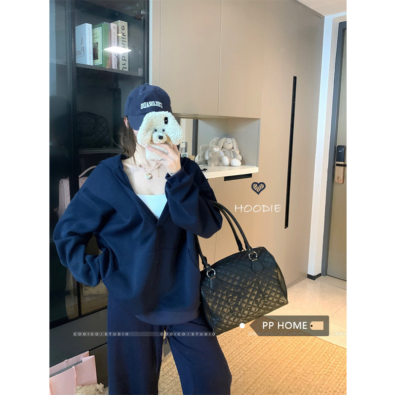 日本offcat藏蓝色V领连帽卫衣女秋冬宽松慵懒风宽松百搭休闲套头