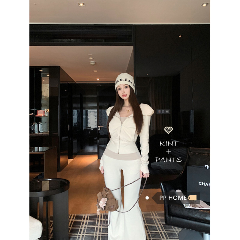 日本offcat运动风收腰拉链连帽卫衣外套女秋冬休闲套装修身喇叭裤