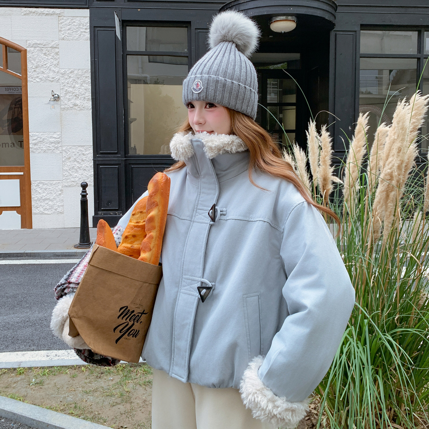 日本offcat皮毛一体羊毛羔棉服外套女2025冬季新款小个子短款加绒