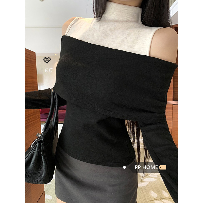日本offcat假两件撞色高领长?打底衫女秋季辣妹风设计感露肩修身