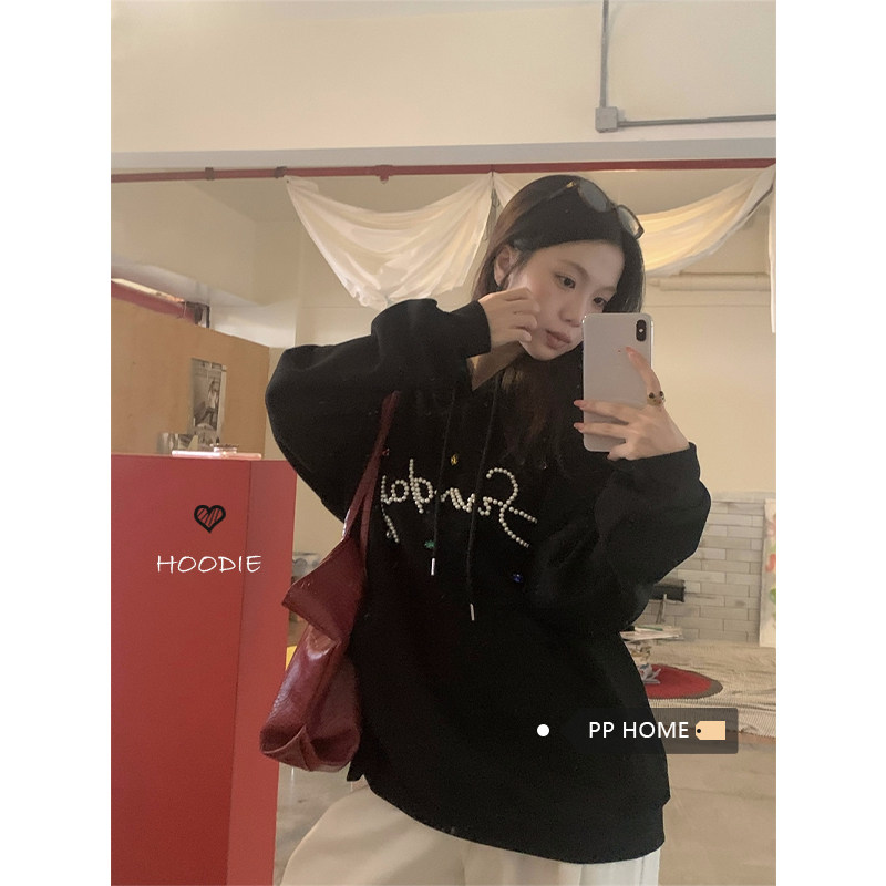 日本offcat设计感重工钉珠连帽卫衣女秋季黑色宽松慵懒风休闲套头