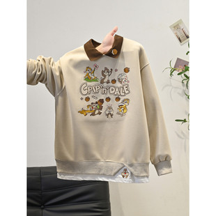 日本offcat复古假两件撞色刺绣polo领卫衣女秋冬韩版独特超好看叠