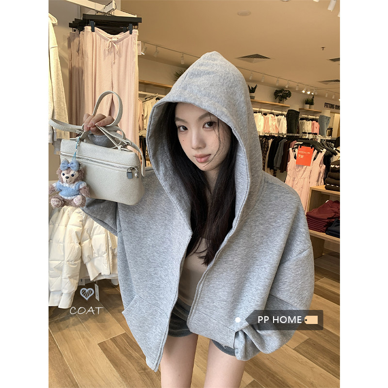日本offcat灰色宽松拉链连帽卫衣外套女秋季韩系加绒加厚休闲开衫