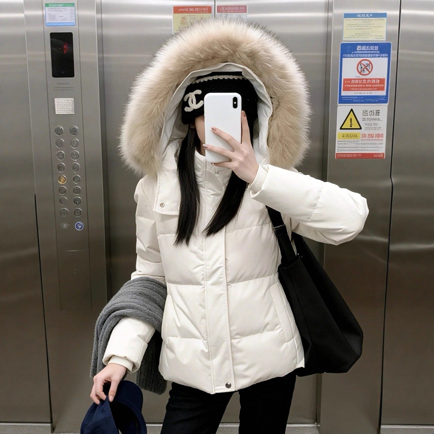 日本offcat白色大毛领羽绒服女中长款连帽保暖加厚短款外套高级感