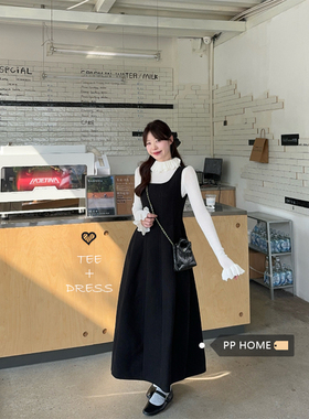 日本offcat赫本风黑色毛呢背心连衣裙女秋季甜美套装花边领长袖打