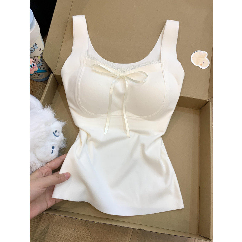 日本offcat秋冬白色德绒无痕保暖吊带背心女带胸垫打底发热内搭无