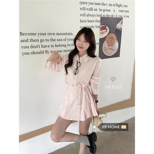 日本offcat粉色条纹长袖衬衫连衣裙女秋季韩系甜美设计感收腰a字