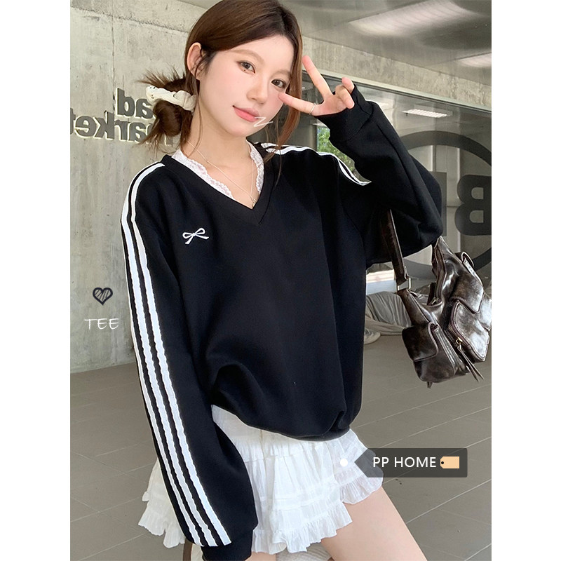 日本offcat蝴蝶结刺绣V领黑色卫衣女秋季美式杠条宽松设计感套头