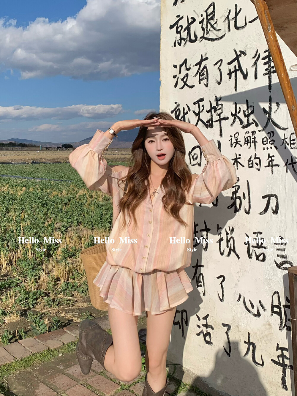 2025春夏新款女装印染露肩衬衣粉色条纹长袖衬衫连衣裙高腰显瘦