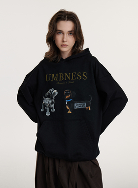 UMBNESS 新款秋冬美式复古小狗印花连帽卫衣男女宽松情侣外套加绒