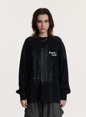 UMBNESS 暗黑轮胎印花长袖T恤男女宽松街头休闲百搭圆领上衣