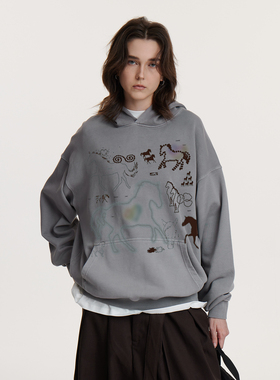UMBNESS 手绘印花水洗做旧风格连帽卫衣男女同款宽松感潮流上衣