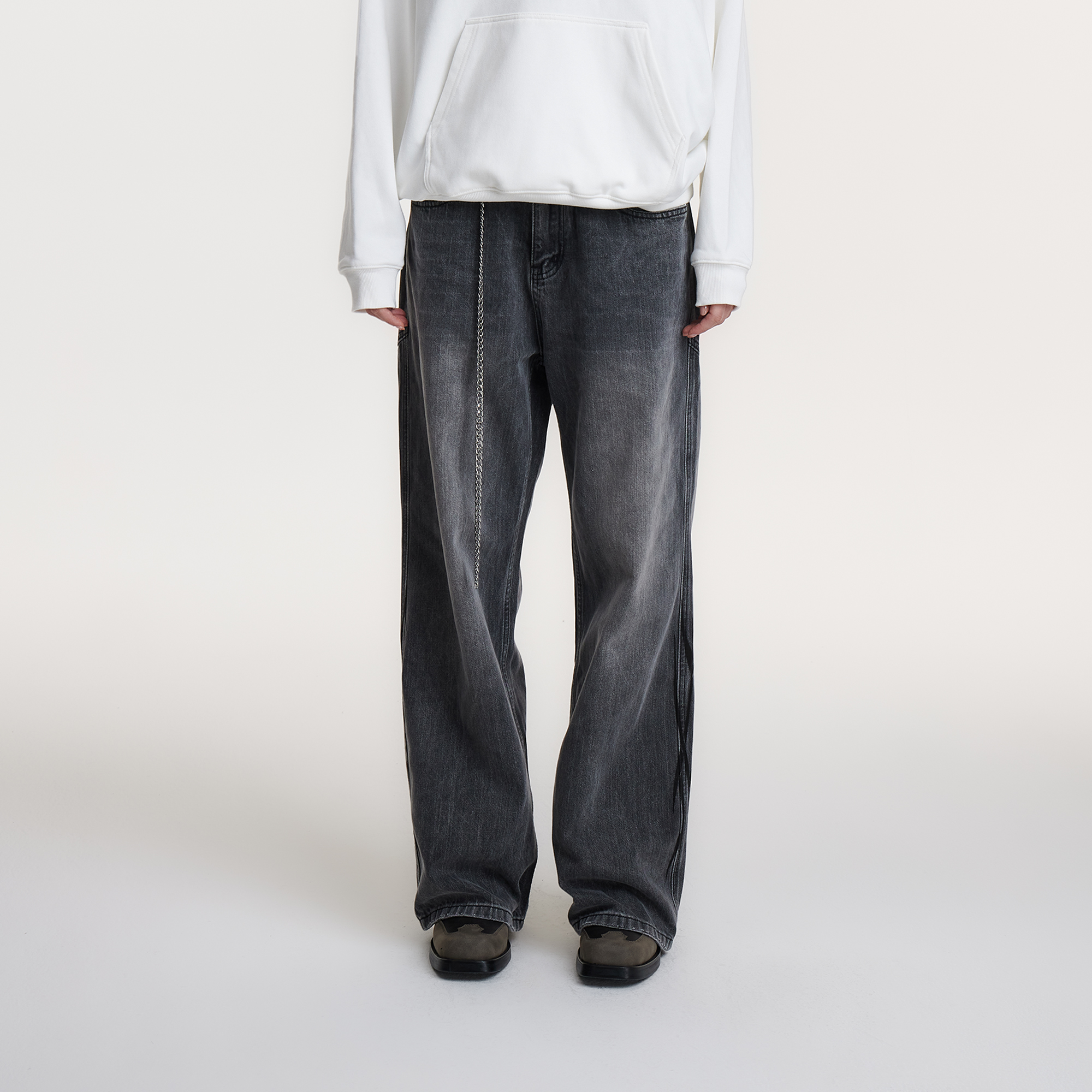 UMBNESS 美式复古烟灰色基础款牛仔裤慵懒拖地直筒长裤男女同款