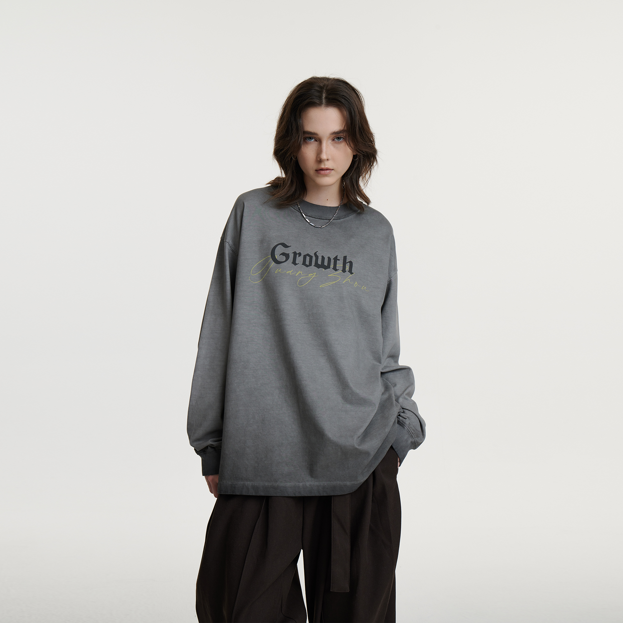 UMBNESS 潮牌美式重磅纯棉无性别长袖t恤感宽松圆领水洗做旧卫衣