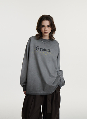 UMBNESS 潮牌美式重磅纯棉无性别长袖t恤感宽松圆领水洗做旧卫衣