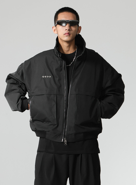 UMB 潮牌宽松夹棉衣短款翻领外套黑色男女嘻哈立领夹克棉服加厚冬