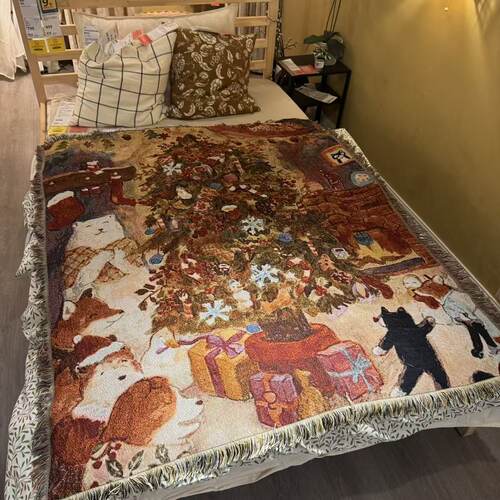 外贸订单 治愈系节日氛围感复古白熊圣诞节床毯挂毯装饰毯