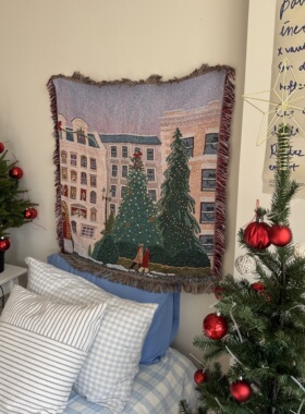 冬季欧洲街景浪漫风格牵手卧室布置 温暖圣诞节复古挂毯