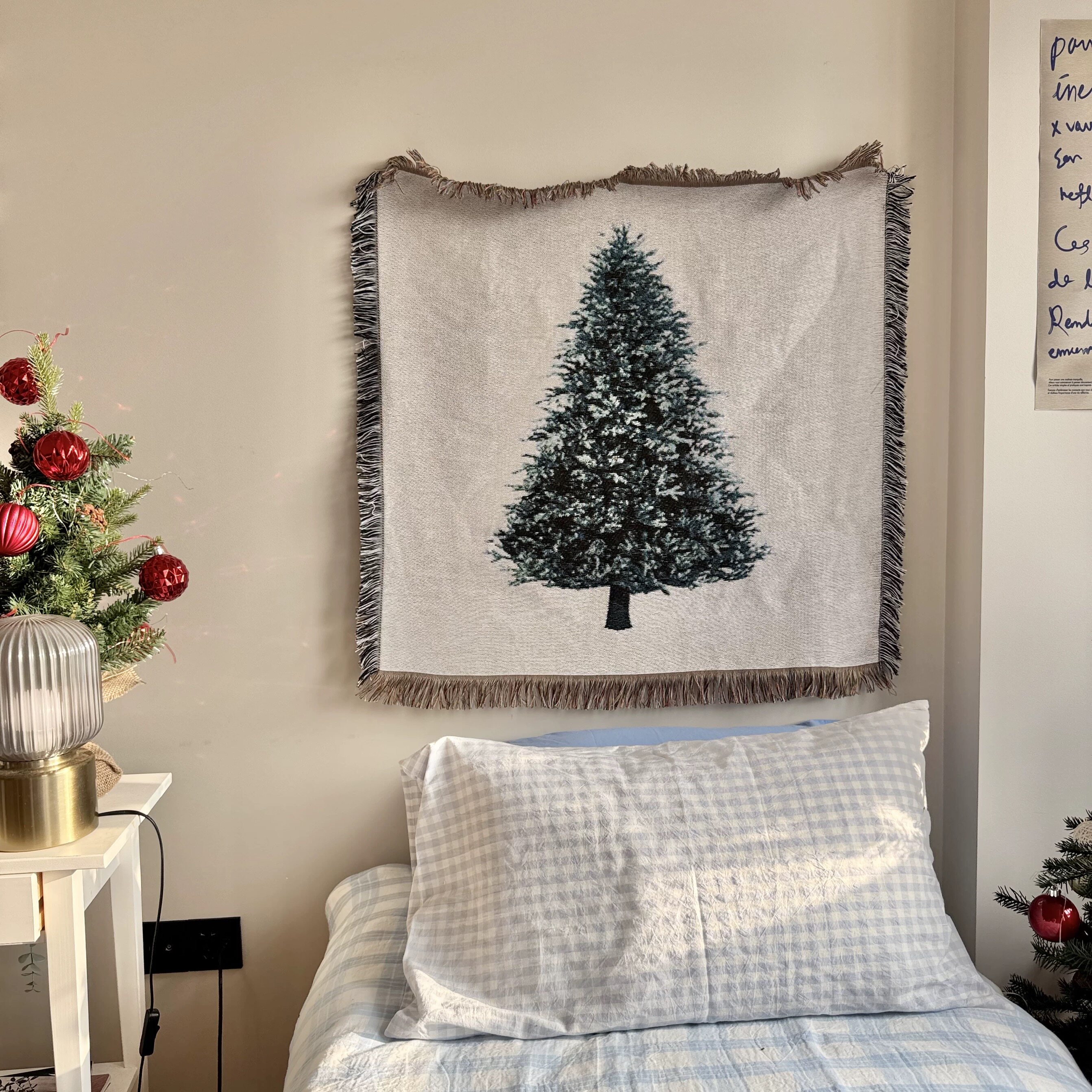 北欧风格韩式卧室布置小清新简约圣诞节复古圣诞树手绘挂毯