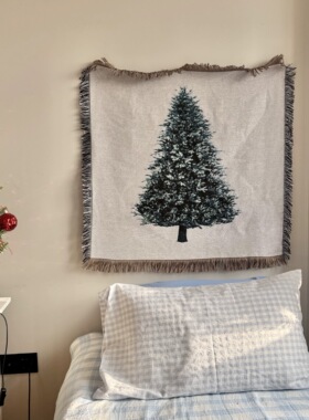 北欧风格韩式卧室布置小清新简约圣诞节复古圣诞树手绘挂毯