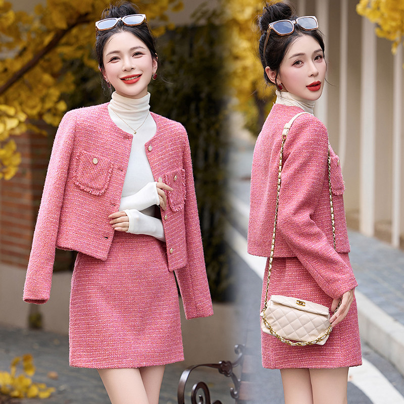 粉色小香风套装女小个子淑女气质名媛毛呢外套短裙两件套富家千金