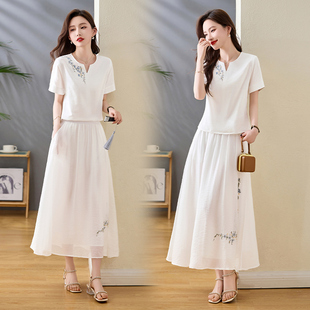 新中式国风套装裙女夏季减龄显瘦时尚洋气天丝半身裙子两件套女装