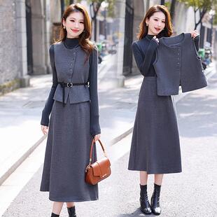 2024新款时尚秋冬装女装气质打底衫马甲半身裙修身显瘦三件套套装