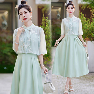 两件套连衣裙复古夏季2025新款高级感气质新中式国风套装吊带裙子