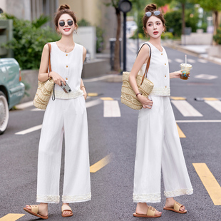 2025夏季时尚无袖上衣阔腿裤两件套女气质显瘦减龄套装搭配一整套