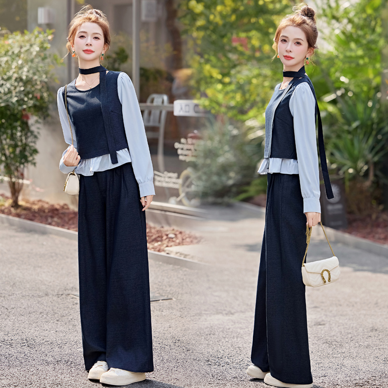 气质韩系穿搭阔腿裤一整套