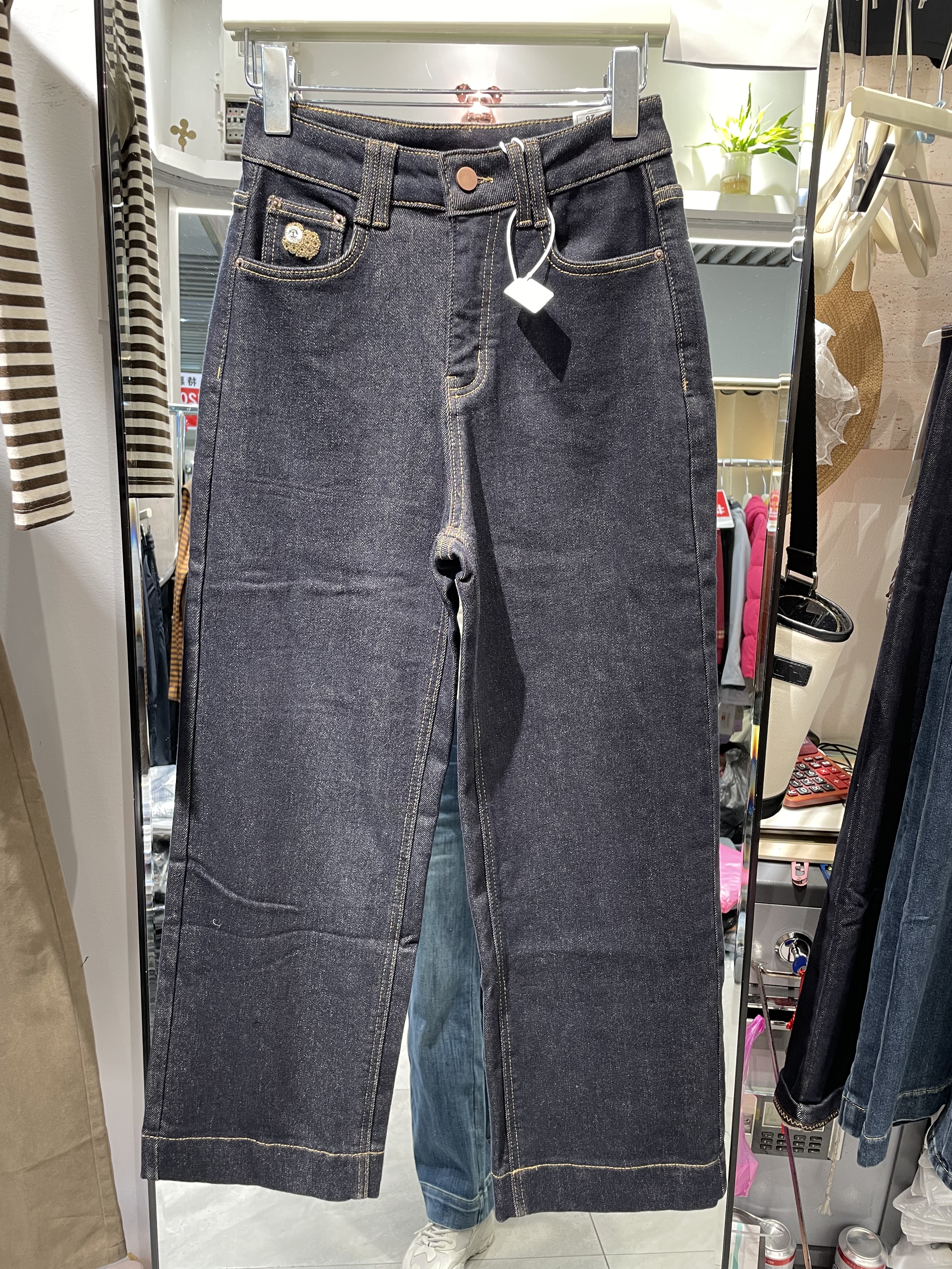 梦佳瑶7573冬季加厚深蓝色九分直筒裤女高腰宽松阔腿小个子牛仔裤