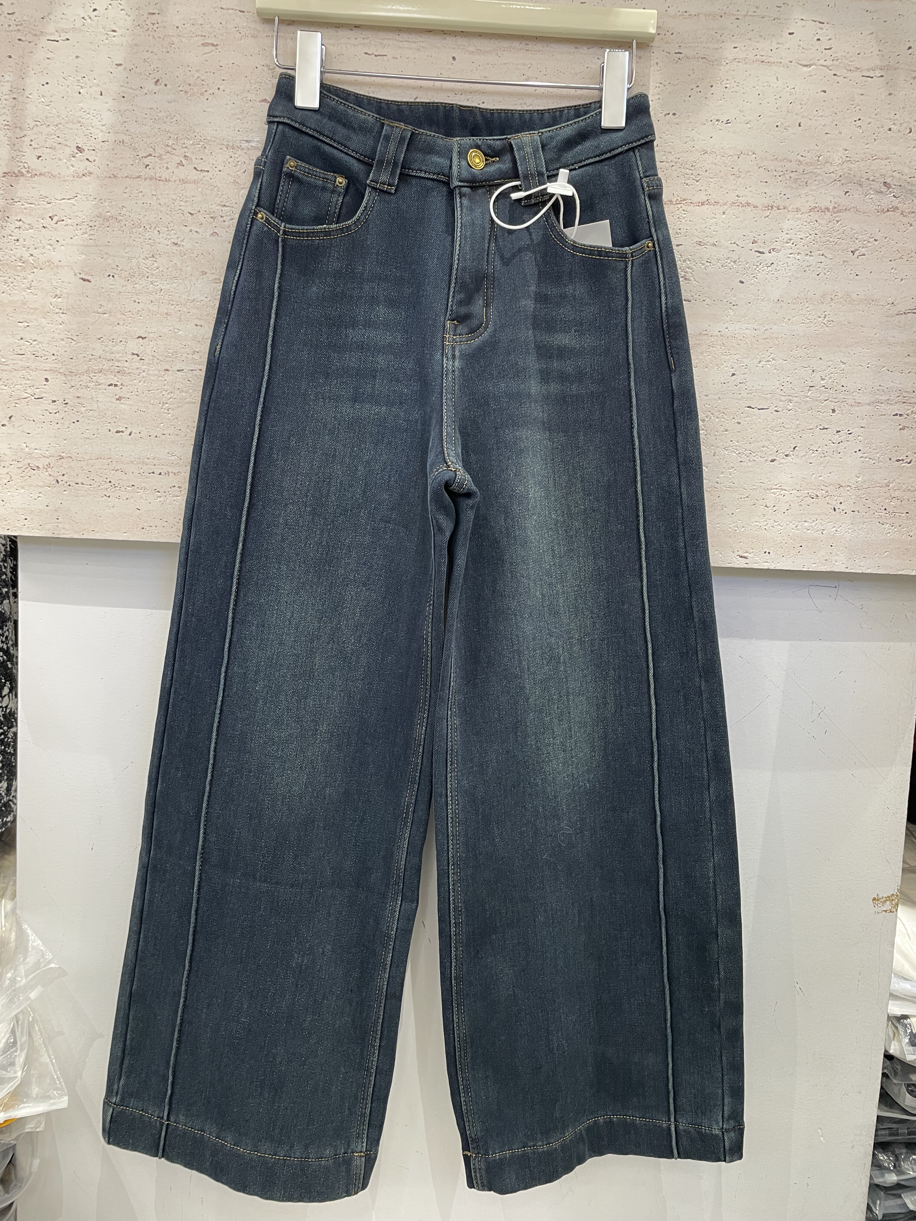 梦佳瑶5806冬季新款加绒加厚保暖百搭时尚休闲设计感宽边直筒女裤