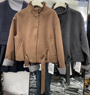 怡芳俪舞25826秋装 立领格子撞色设计感小众腰带毛呢短外套女 新款