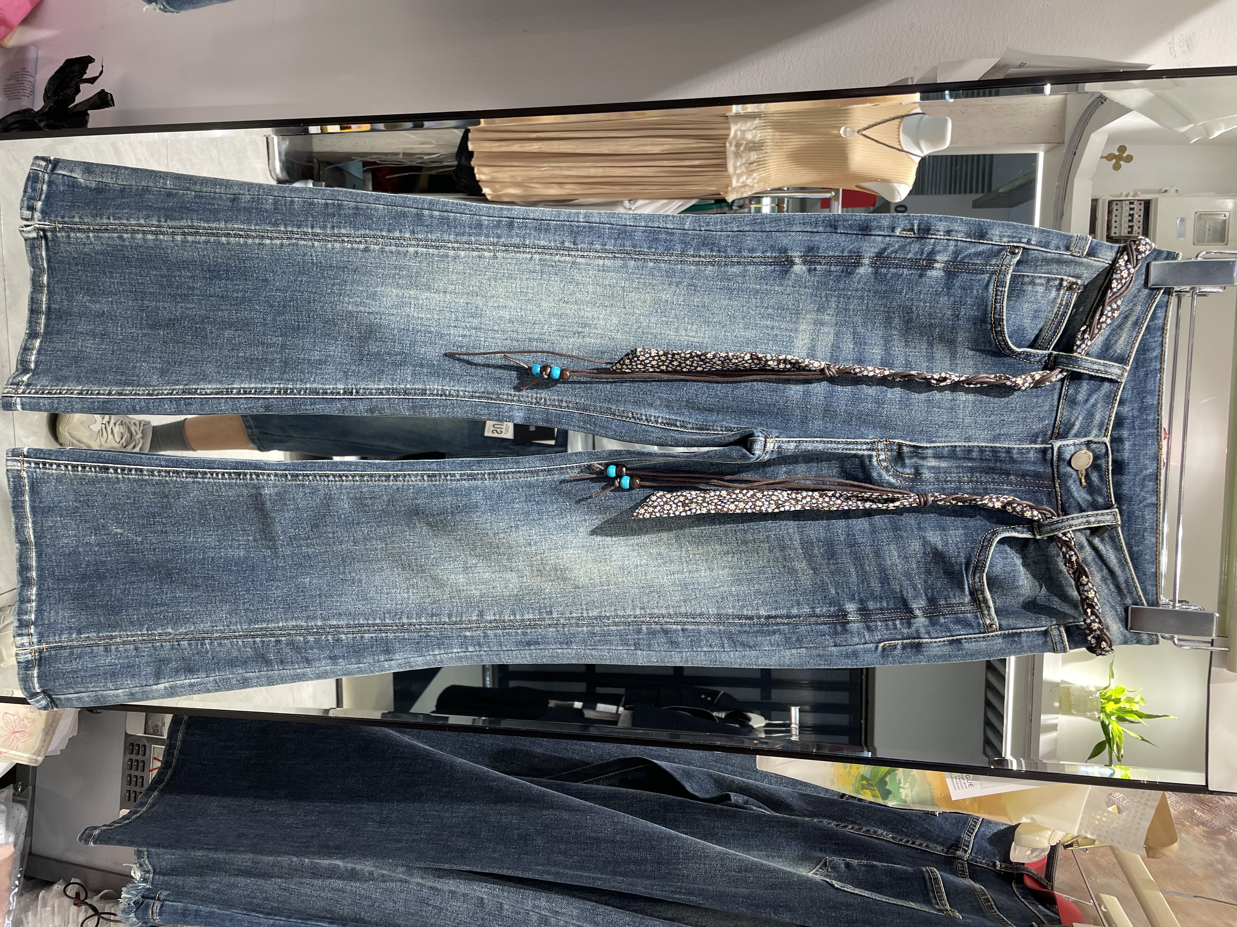 竹子家2626秋新品高腰丝巾显瘦气质微喇脚口侧边开叉牛仔裤女长裤
