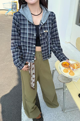 鑫天心2572长袖衬衫2025早秋大格女款秋季格子衬衣正肩连帽外套